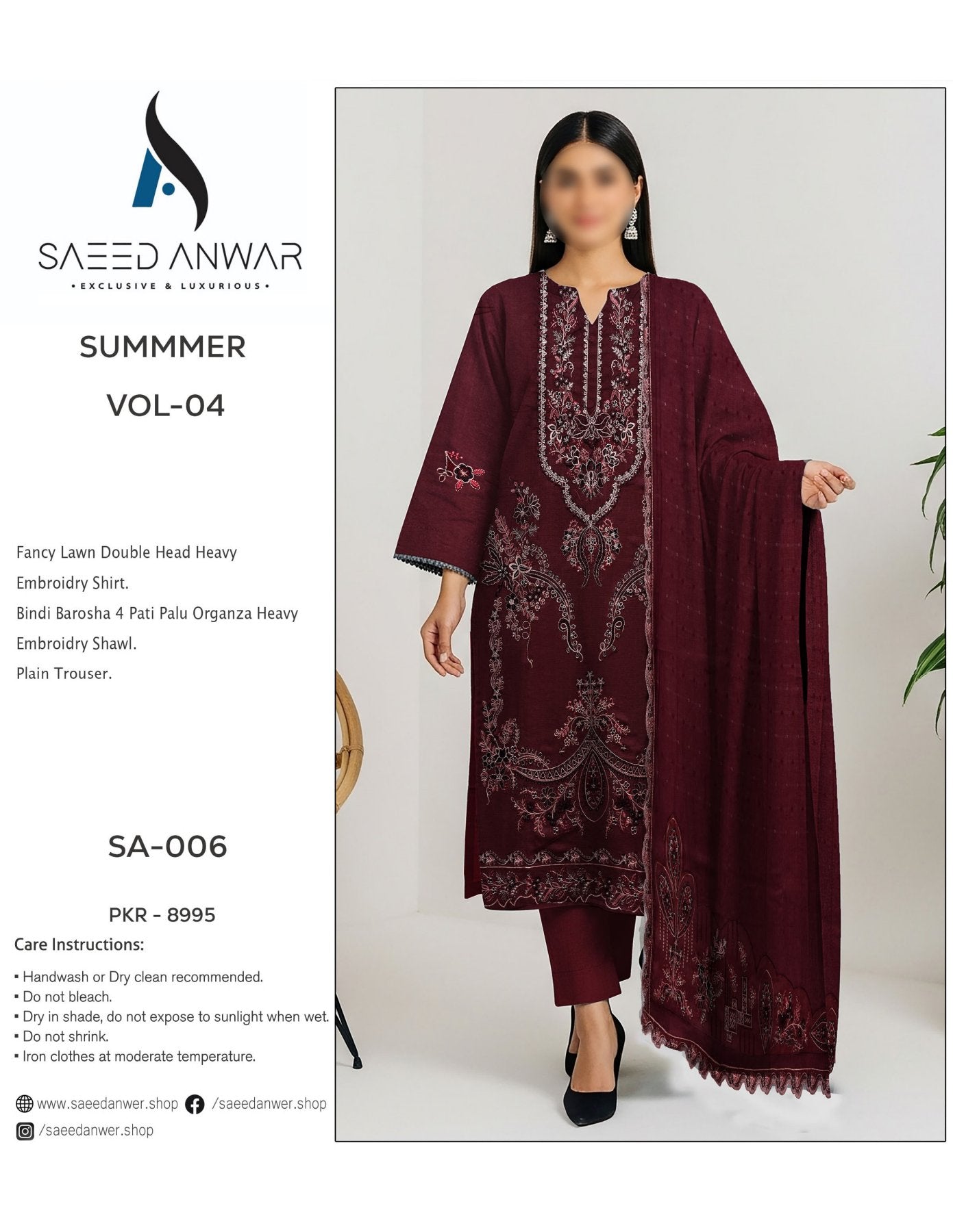 Saeed Anwar Fancy Lawn Double Head Heavy Embroidry (SA-006)