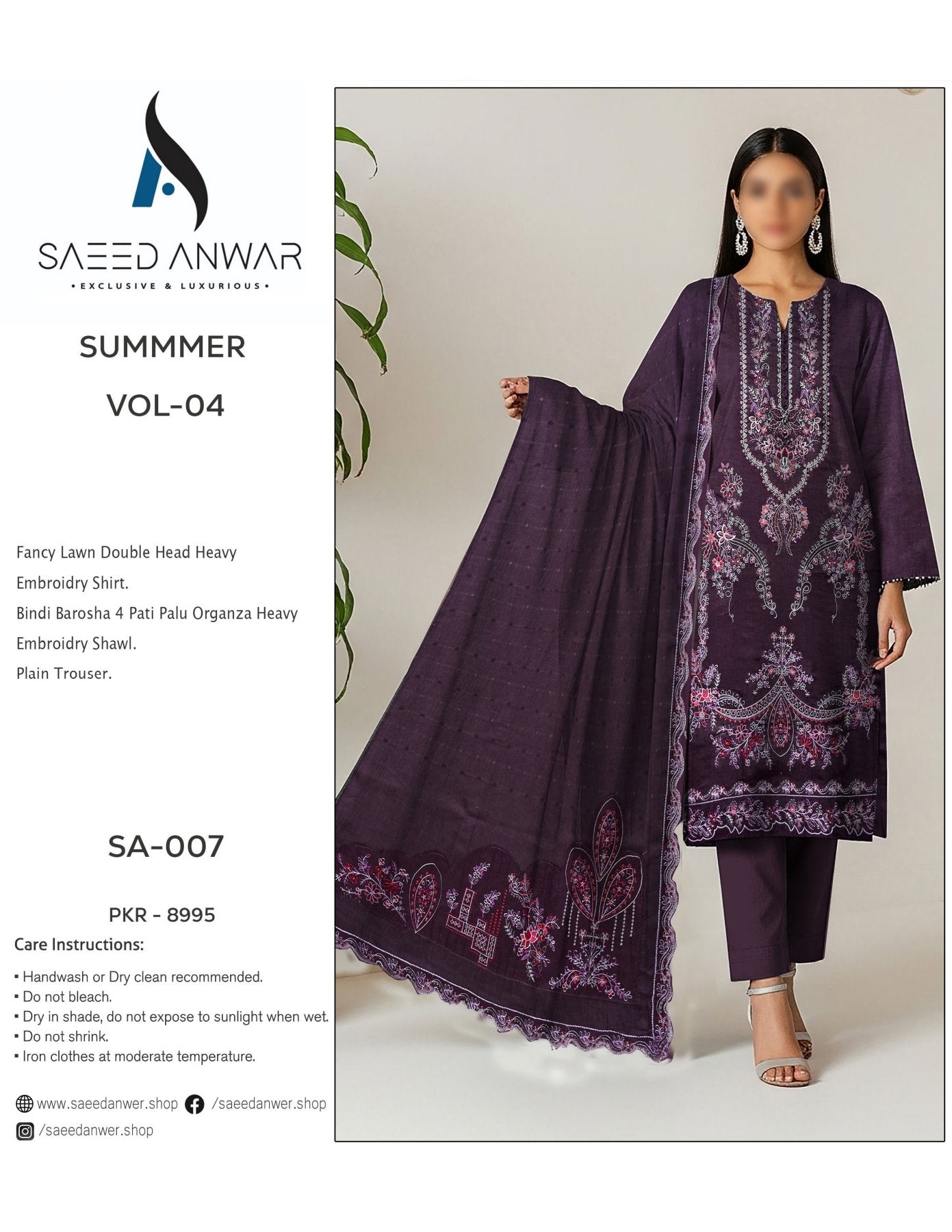 Saeed Anwar Fancy Lawn Double Head Heavy Embroidry (SA-007)