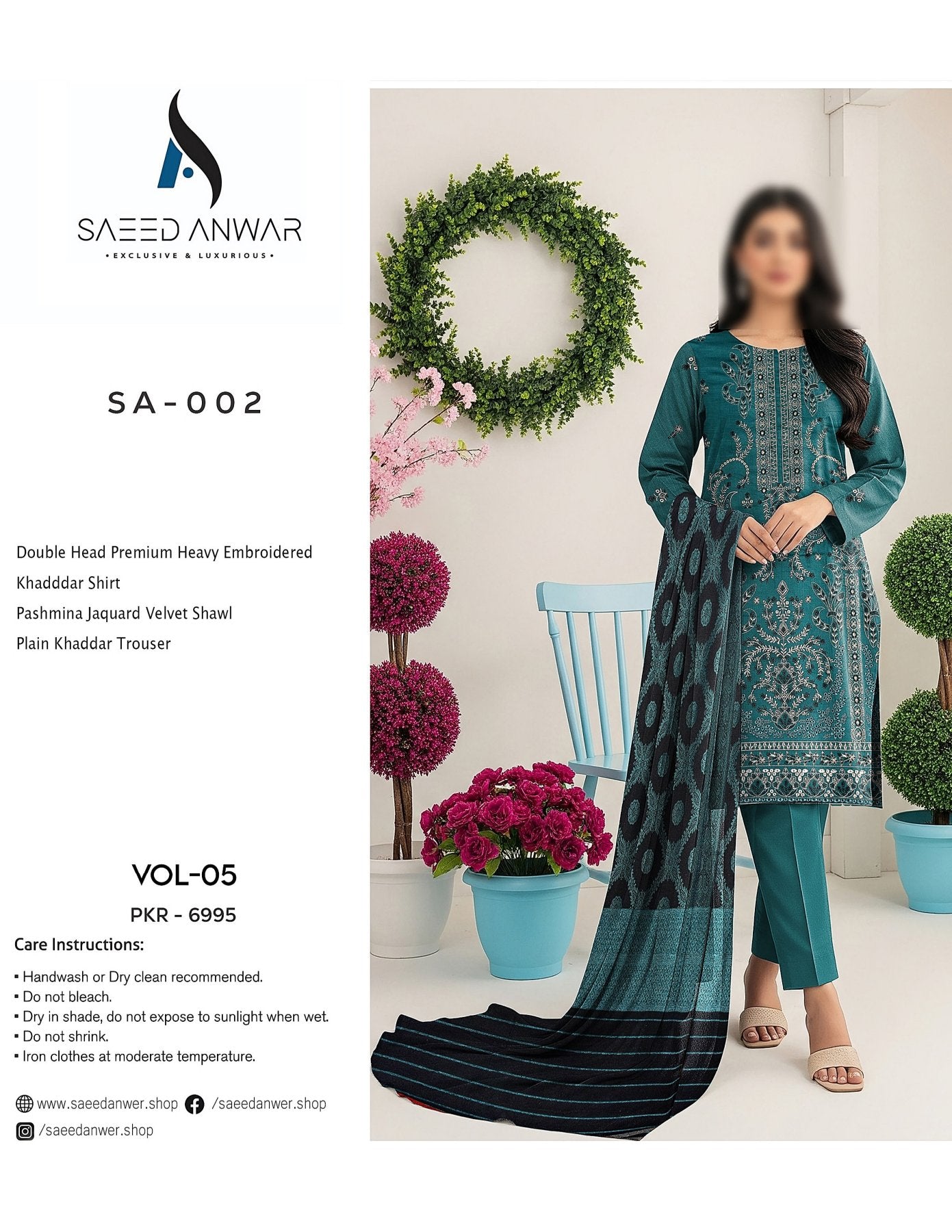 SAEED ANWAR 3PC KHADDAR HEAVY EMBROIDERED (SA-002)