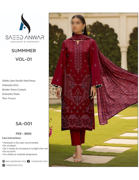 Saeed Anwar Fancy Lawn Double Head Heavy  Embroidry VOL 1 (SA-001)