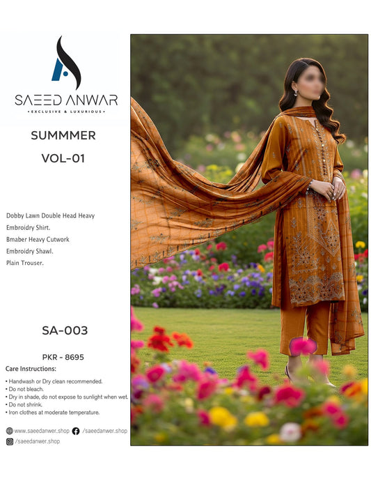 Saeed Anwar Fancy Lawn Double Head Heavy  Embroidry VOL 1 (SA-003)