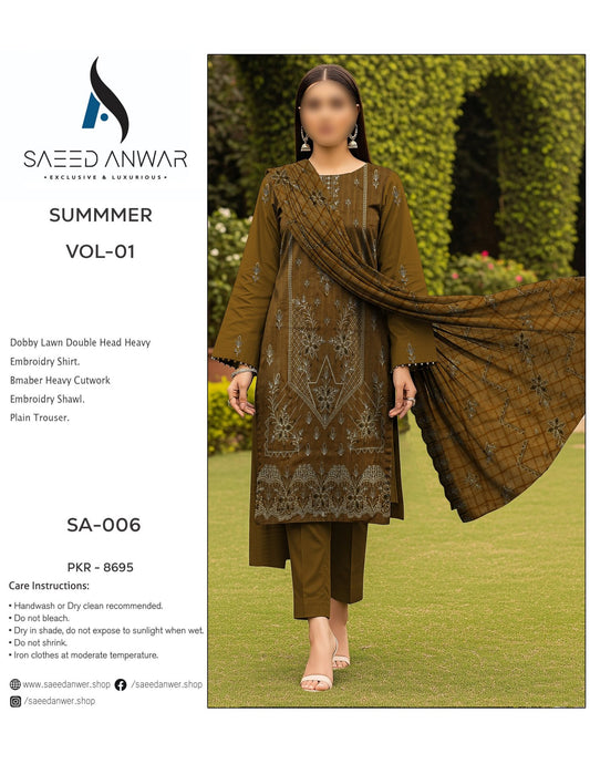 Saeed Anwar Fancy Lawn Double Head Heavy  Embroidry VOL 1 (SA-006)