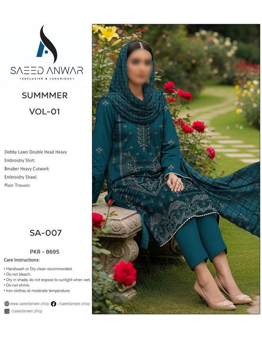 Saeed Anwar Fancy Lawn Double Head Heavy  Embroidry VOL 1 (SA-007)