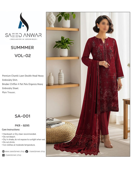 Saeed Anwar Fancy Lawn  Heavy  Embroidry Bamber Chiffon VOL 2 (SA-001)