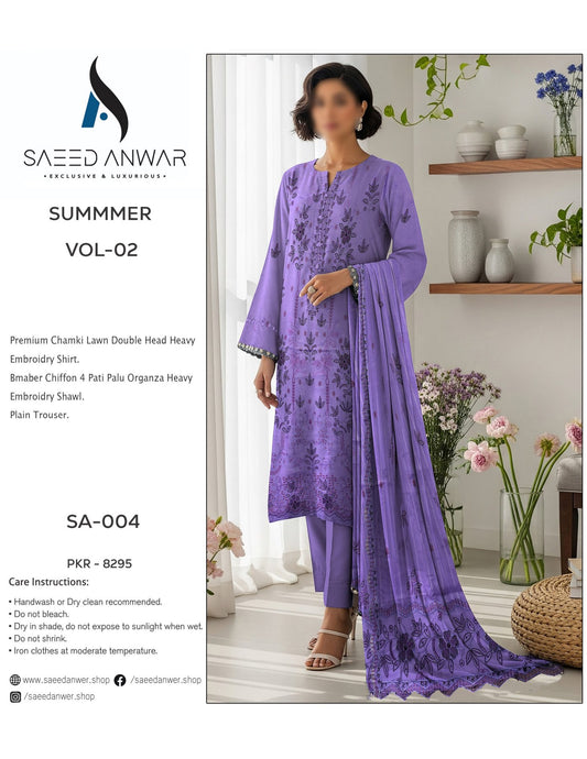 Saeed Anwar Fancy Lawn  Heavy  Embroidry Bamber Chiffon VOL 2 (SA-004)