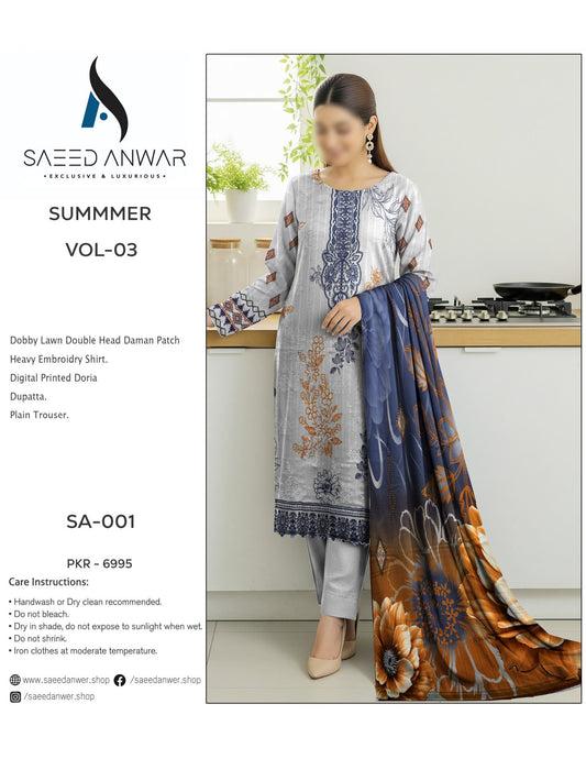 Saeed Anwar Dobby Lawn Double Head Daman Patch Heavy Embroidry  Vol 3 (SA-001)