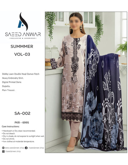 Saeed Anwar Dobby Lawn Double Head Daman Patch Heavy Embroidry  Vol 3 (SA-001)