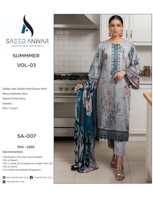 Saeed Anwar Dobby Lawn Double Head Daman Patch Heavy Embroidry  Vol 3 (SA-007)