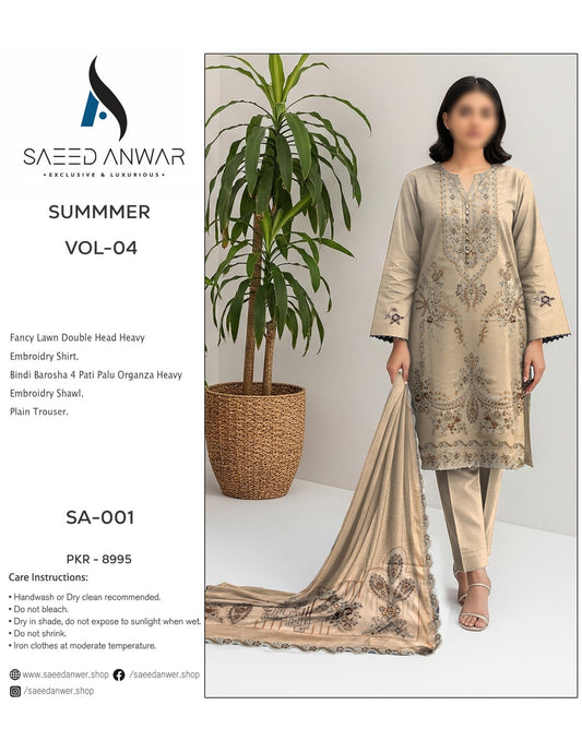 Saeed Anwar Fancy Lawn Double Head Heavy  Embroidry (SA-001)