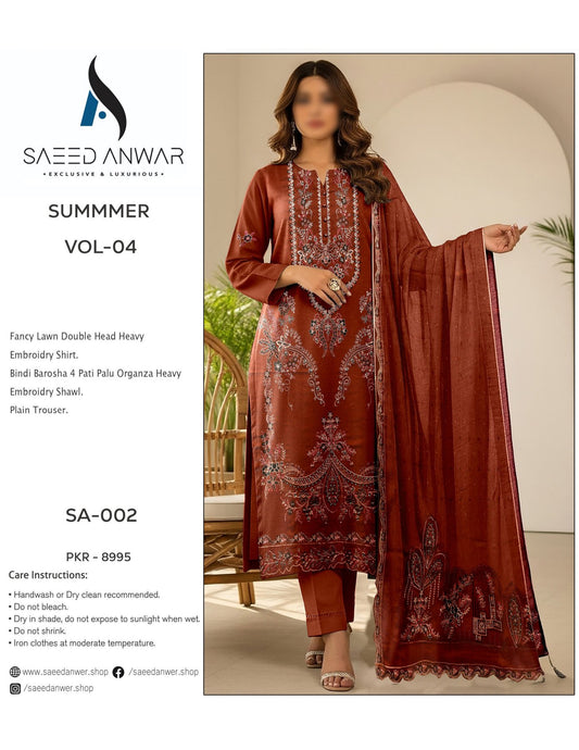 Saeed Anwar Fancy Lawn Double Head Heavy  Embroidry (SA-002)