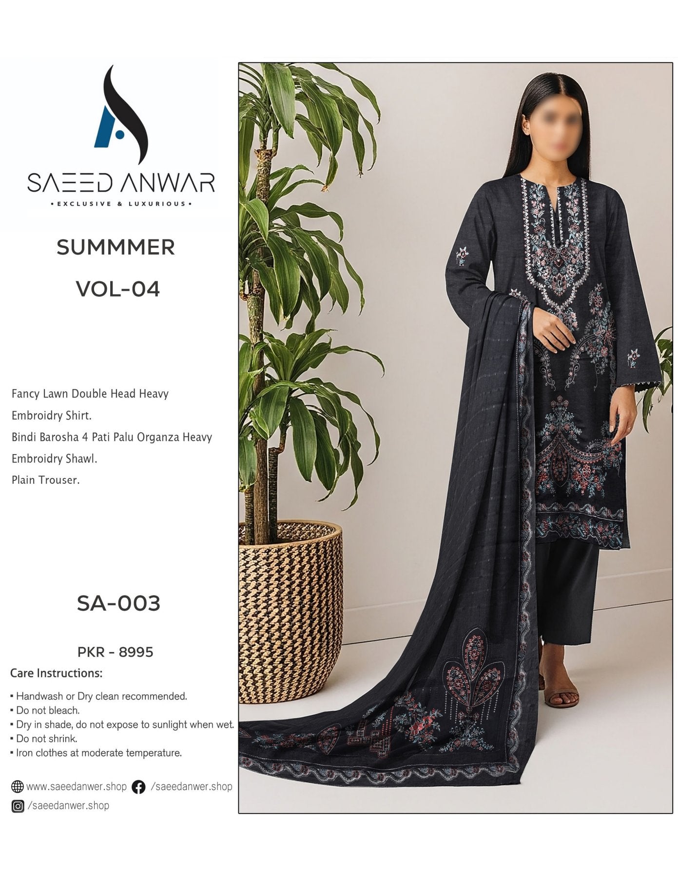 Saeed Anwar Fancy Lawn Double Head Heavy  Embroidry (SA-003)