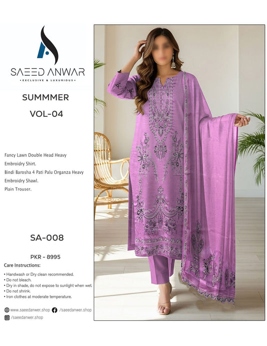 Saeed Anwar Fancy Lawn Double Head Heavy  Embroidry (SA-008)