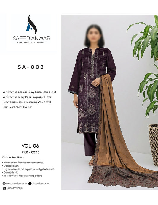 SAEED ANWAR VOL 6 VELVET STRIPE CHAMKI EMBROIDERED (SA-003)