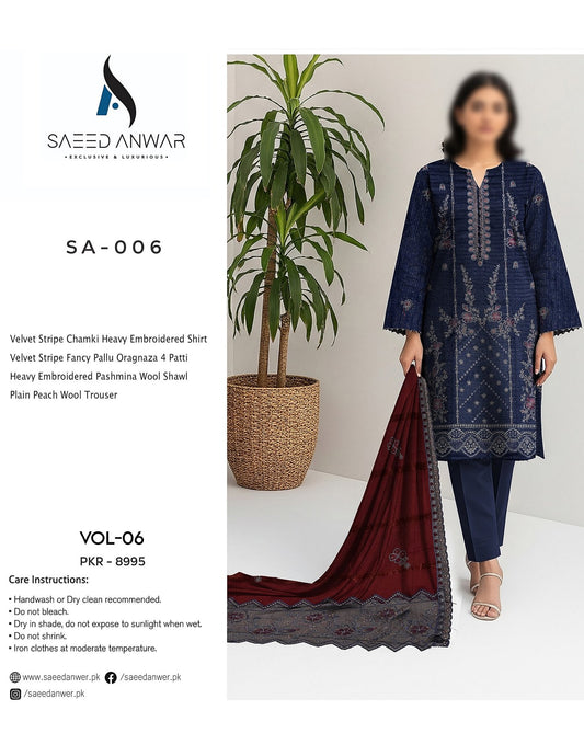 SAEED ANWAR VOL 6 VELVET STRIPE CHAMKI EMBROIDERED (SA-006)