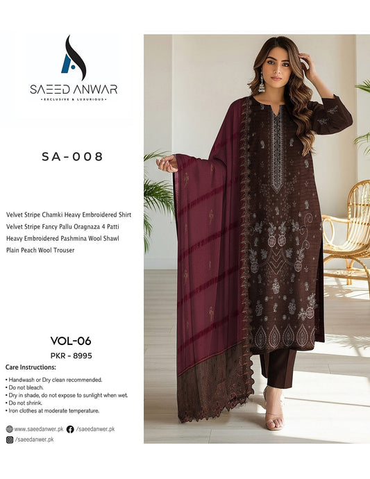 SAEED ANWAR VOL 6 VELVET STRIPE CHAMKI EMBROIDERED (SA-008)
